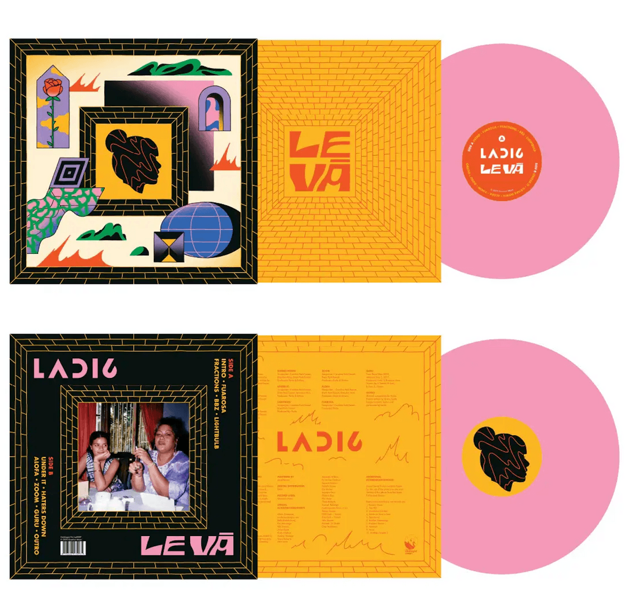 Two pink vinyl records and their album covers are shown. The front has geometric and surreal artwork, while the back features a photo of two people at a table and the album’s song list in orange and yellow tones.